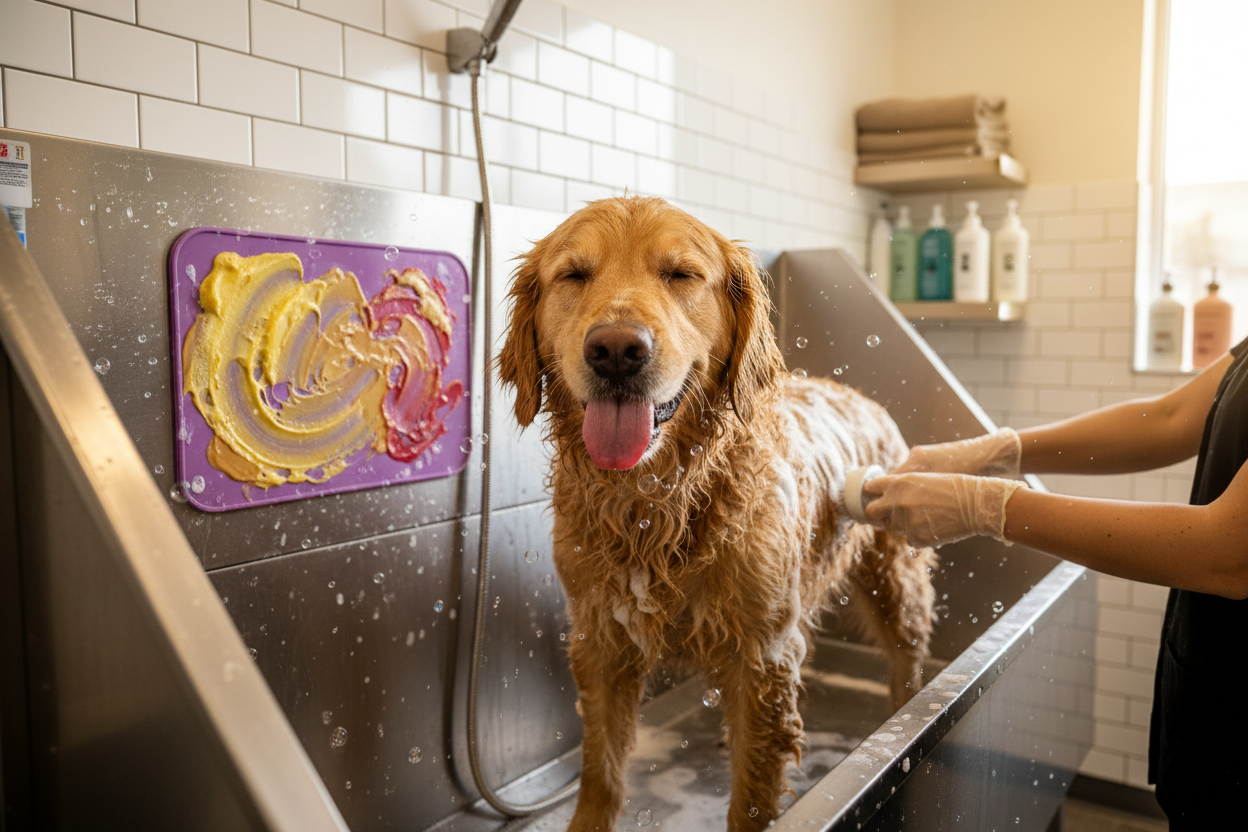 Dog grooming in bath while licking lick mat